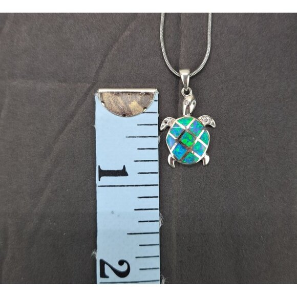 Sea Turtle Pendant Sterling Silver Blue Green Inlay Necklace Chain Is Not Silver - Picture 9 of 10